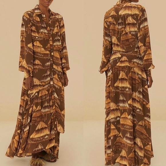 Farm Rio Malocas Long Sleeve Midi Dress Malocas Beige Medium NWT - Picture 3 of 11